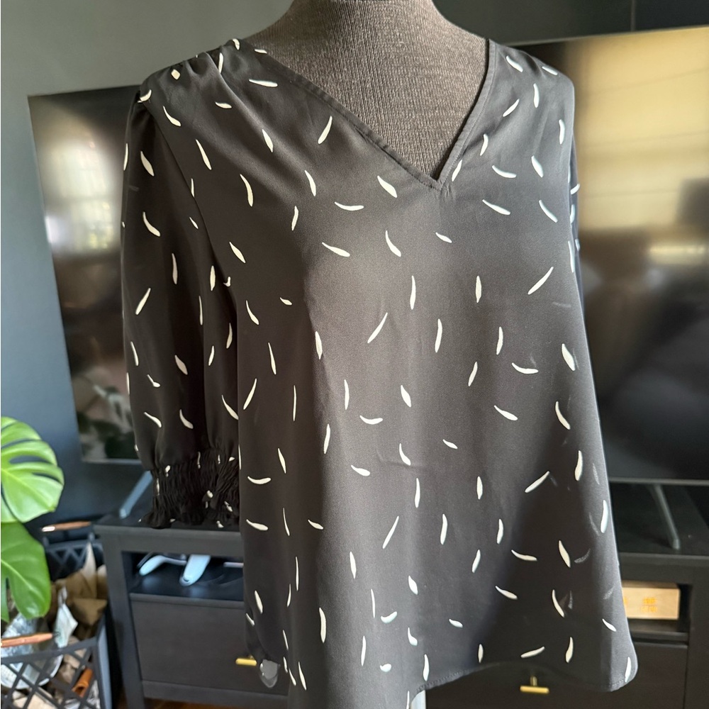 Ann Taylor Black V-Neck Blouse with White Accents